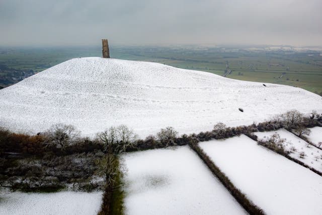 <p>Snow on Glastonbury Tor on Wednesday 8 March 2022 </p>