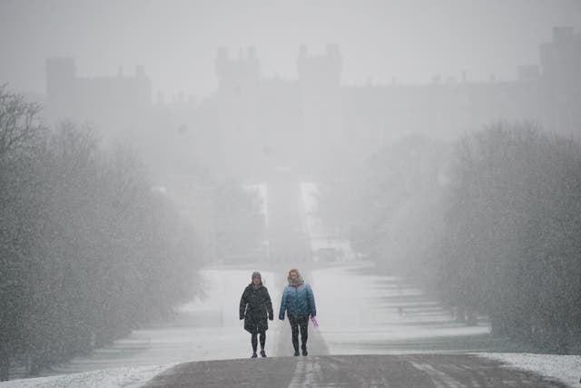 A snowy scene looking along the Long Walk towards Windsor Castle, Berkshire, as parts of the UK wake up to snow and a yellow weather warningPicture date: Wednesday March 8, 2023.