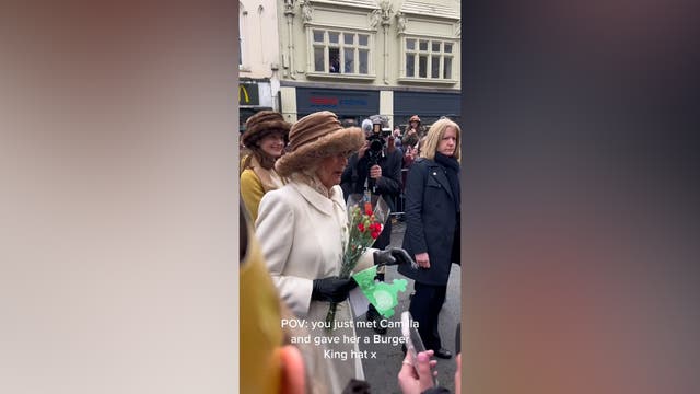 <p>Moment Queen Consort handed Burger King crown on Colchester visit</p>