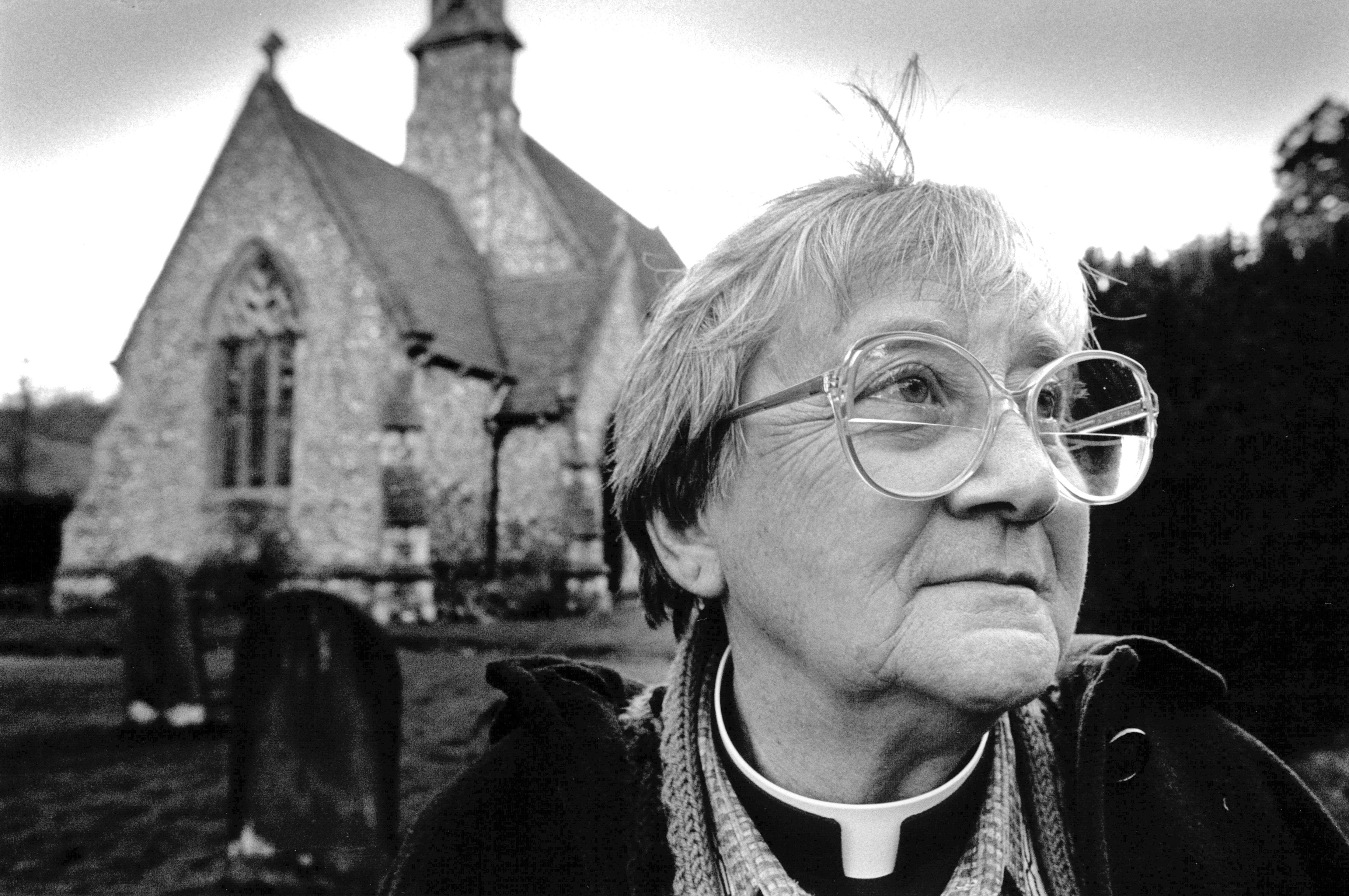 Rev Joyce Bennett in Prestwood, Bucks. Rev Bennett of St. Martins-in-the-fields outside her local church