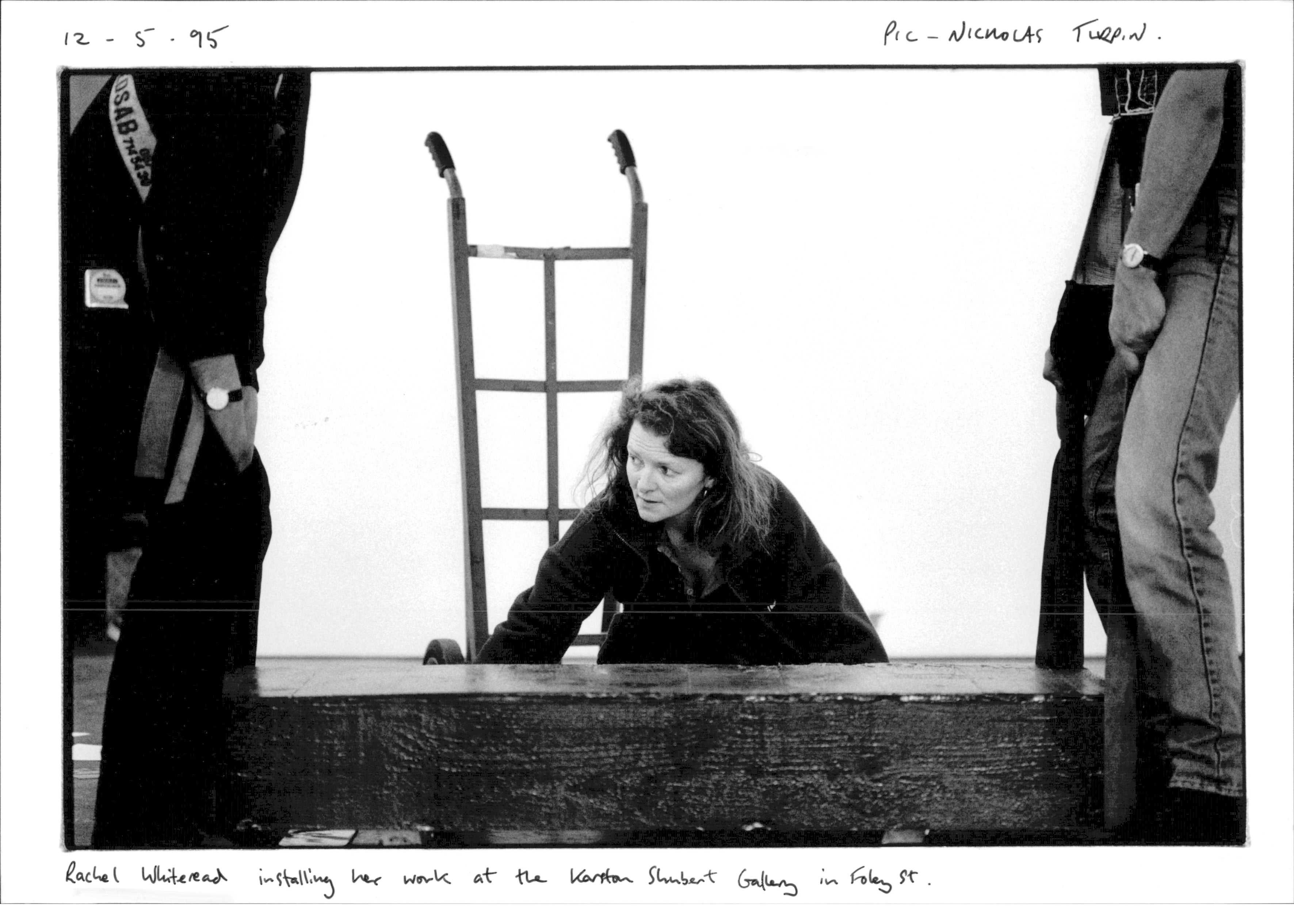 Rachel Whiteread installing her work at the Karston Shubert Gallery, 1995