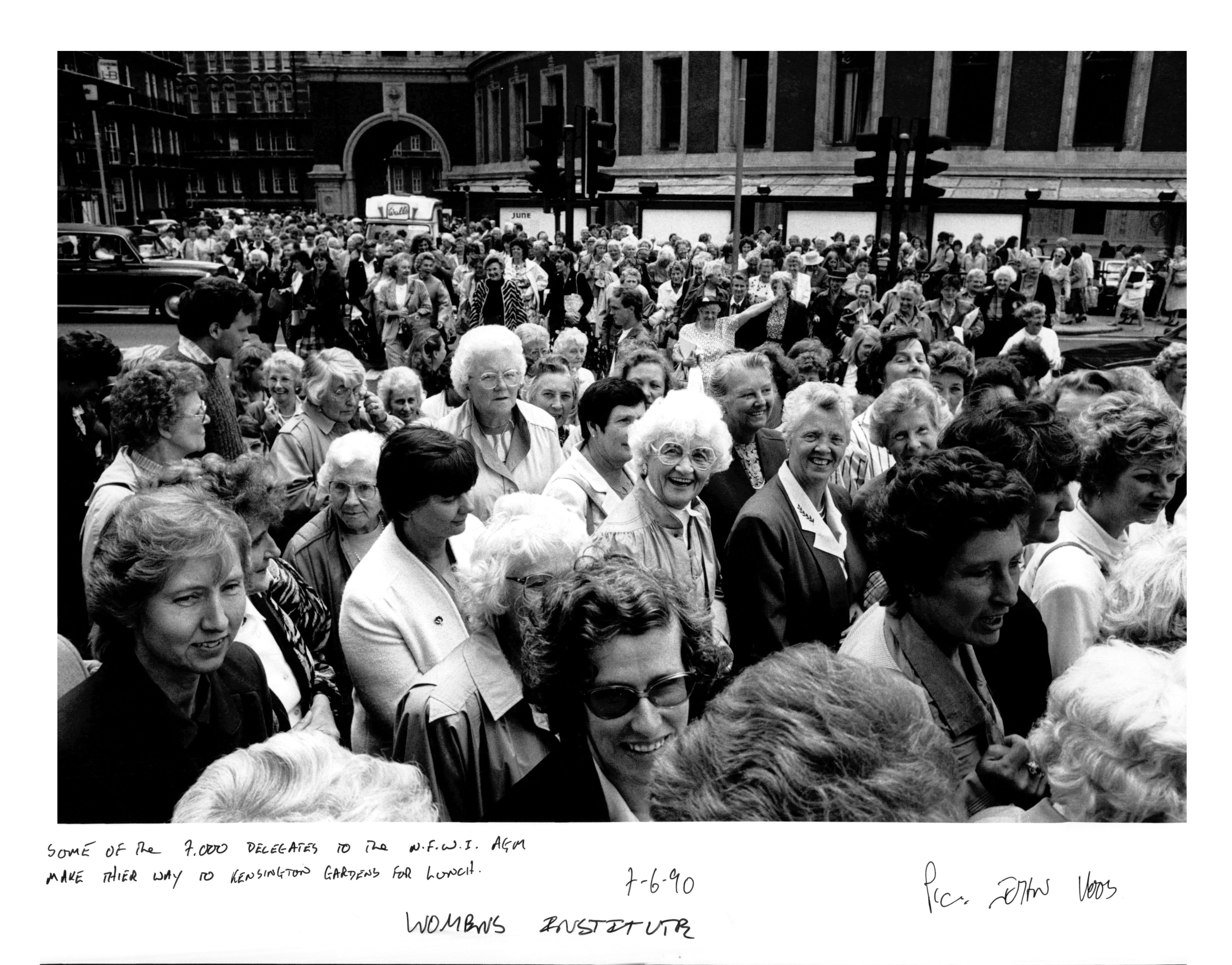 Women’s Institute: Some of the 7,000 delegates to the WI AGM make their way to Kensington Gardens for lunch, 1990