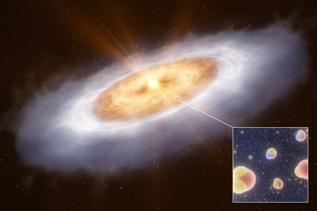 An artist’s impression of disc of gas and dust surrounding the star V883 Orionis. Inset image shows water molecules in the disc (ESO/L Calcada)