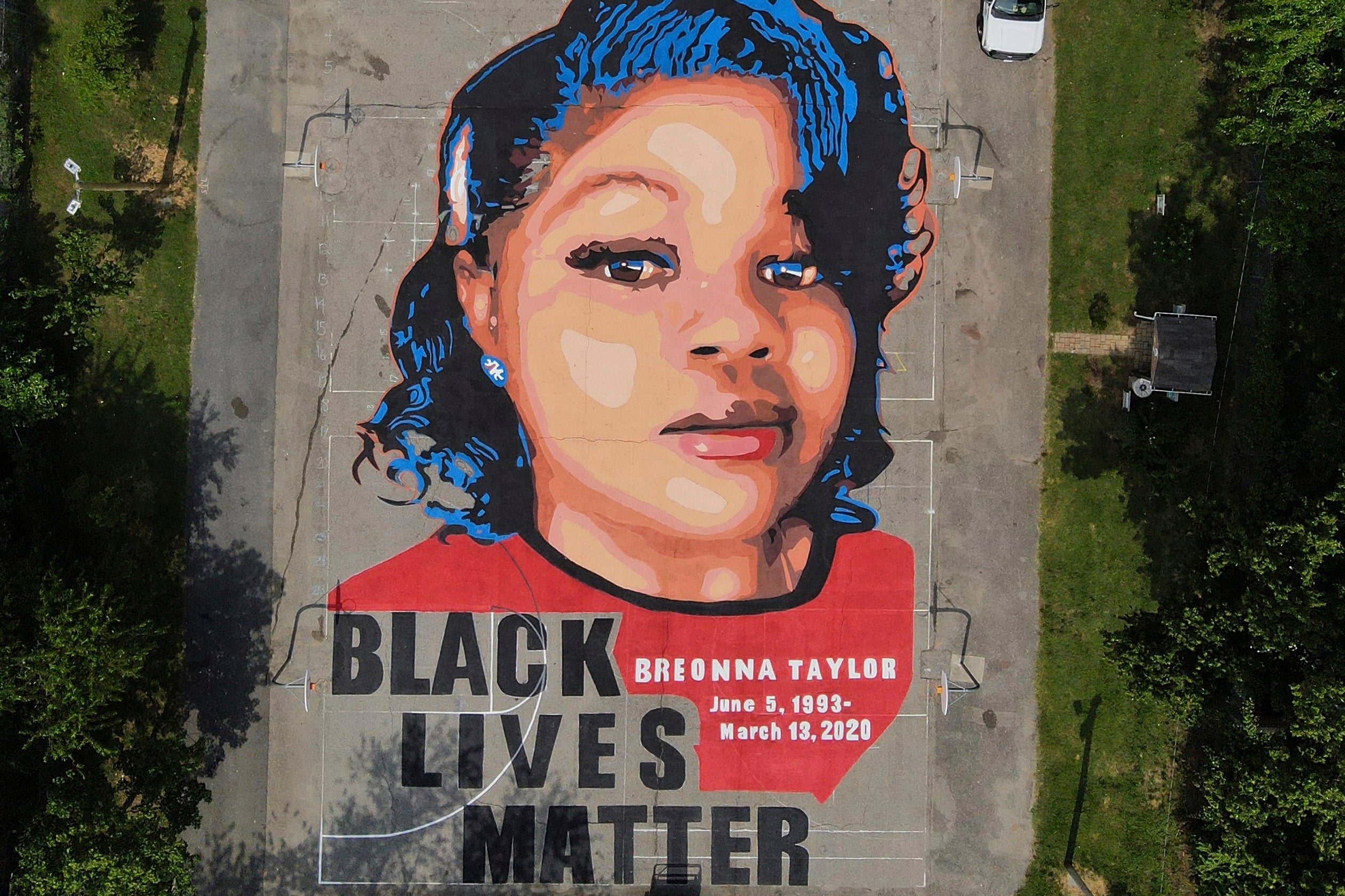 A mural depicting Breonna Taylor, who was shot dead in her home by police