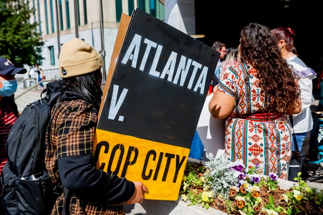 <p>People participate in a demonstration led by members of the clergy against the proposed Atlanta Public Safety Training Center, at Atlanta City Hall in Atlanta, Georgia, USA, 06 March 2023. At least 23 protesters were arrested after breaking in and setting fires at the site dubbed 'Cop City' on 05 March 2023. 'Stop Cop City' environmental activist Manuel Teran was killed at the site during a confrontation with police in January 2023</p>