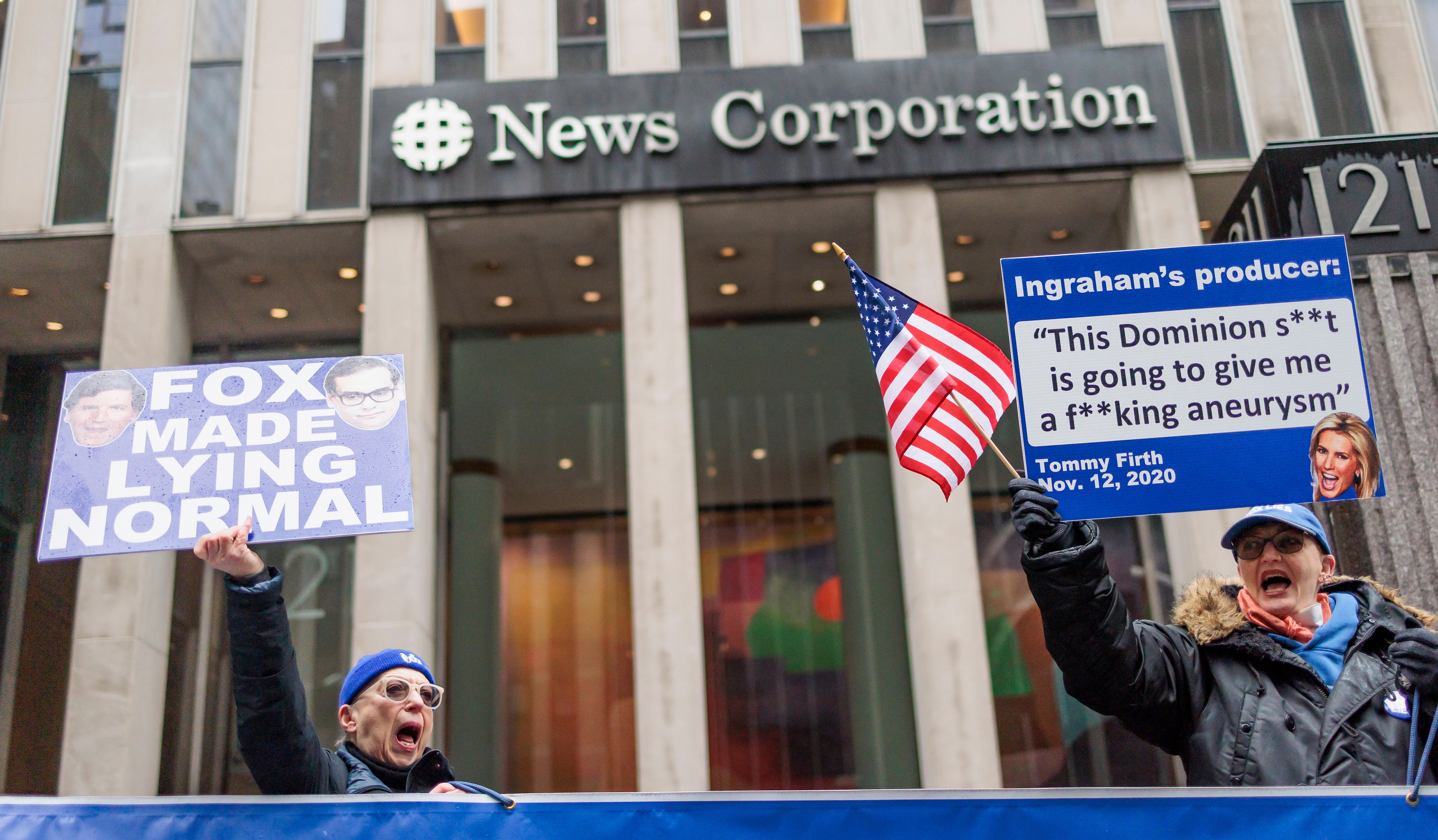 Protesters demonstrate outside Fox News headquarters in New York on 28 Februrary.