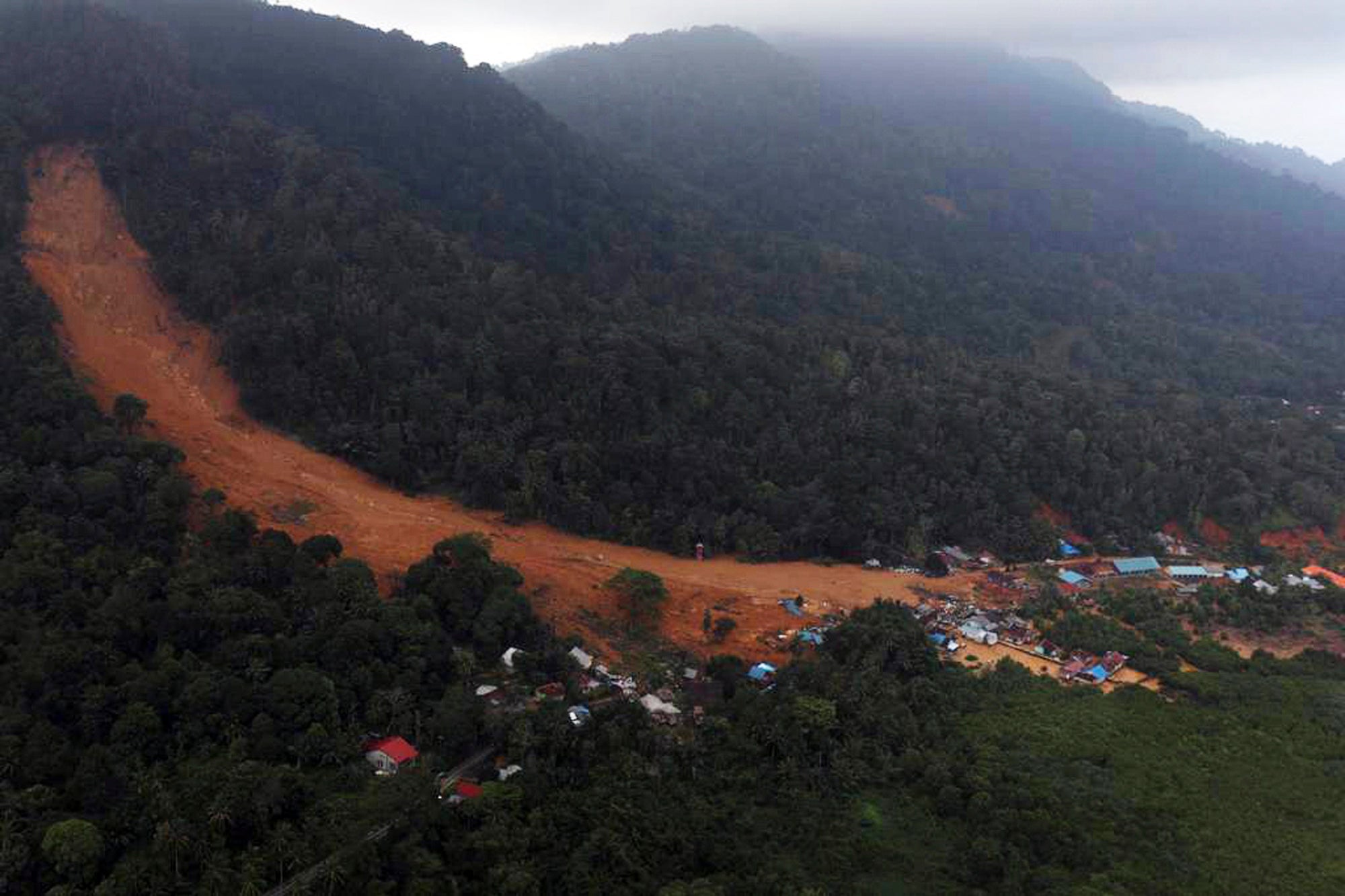 Village affected by landslide on Serasan Island, Natuna regency, Indonesia