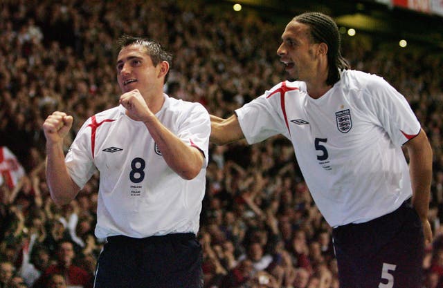 <p>Frank Lampard celebrates with Rio Ferdinand playing for England in 2005</p>