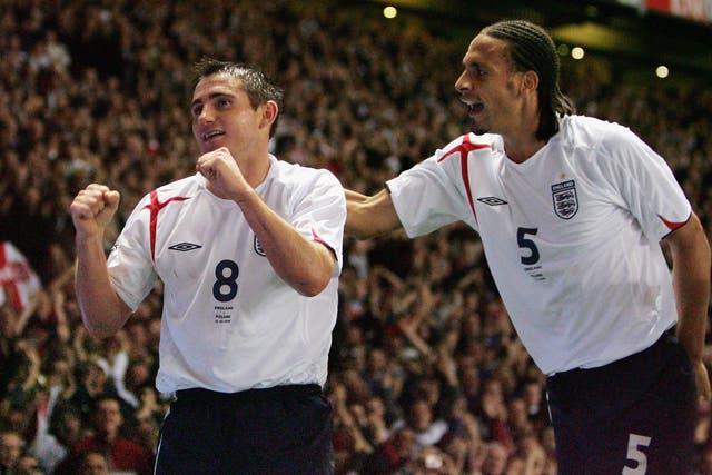 <p>Frank Lampard celebrates with Rio Ferdinand playing for England in 2005</p>