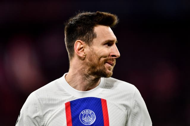 <p>Lionel Messi looks on during PSG’s defeat by Bayern Munich</p>