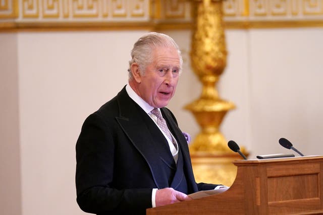 King Charles III speaks during a presentation of loyal addresses by the privileged bodies, at a ceremony at Buckingham Palace (Yui Mok/PA)