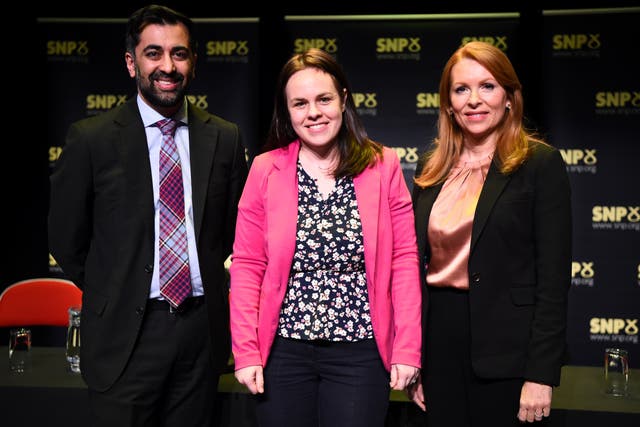 SNP leadership candidates Humza Yousaf, Kate Forbes and Ash Regan taking part in the SNP leadership hustings at the Town Hall in Johnstone, Scotland (Andy Buchanan/PA)