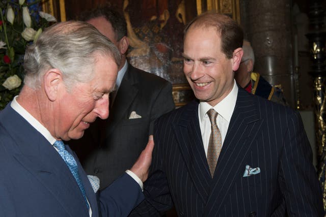 <p>Prince Charles, Prince of Wales congratulates his brother Prince Edward, Earl of Wessex who reached his 50th Birthday today as they attend the Commonwealth day observance service at Westminster Abbey on March 10, 2014</p>