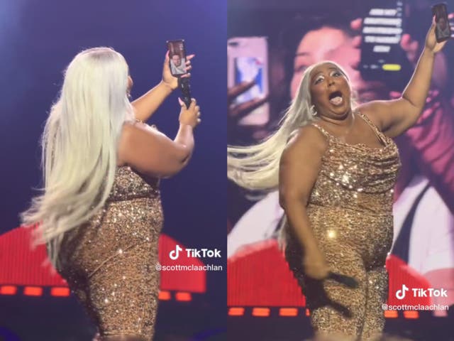 <p>Lizzo helps a fan propose to his boyfriend while performing onstage in Glasgow on Wednesday 8 March 2023</p>
