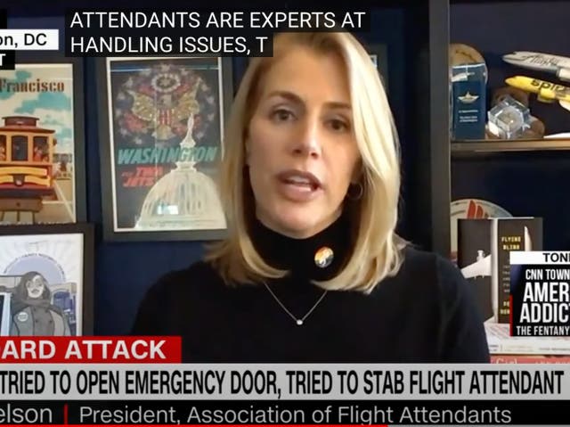 <p>A screenshot of AFA-CWA boss Sara Nelson speaking on CNN</p>