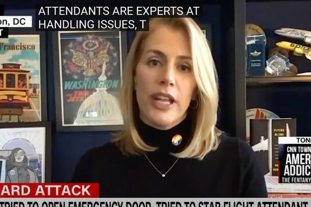 <p>A screenshot of AFA-CWA boss Sara Nelson speaking on CNN</p>