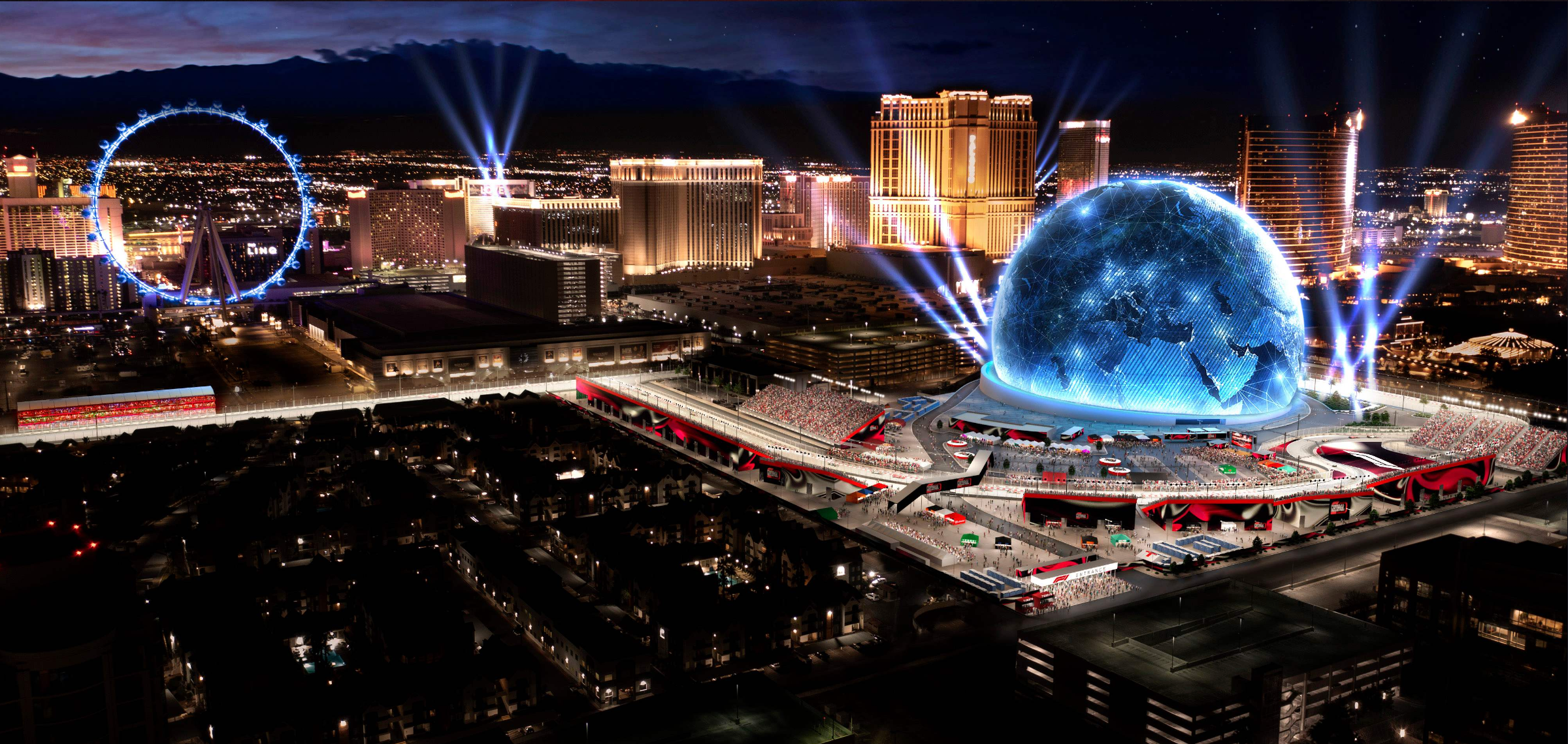 A rendering of the MSG Sphere next to the track, set to open in September