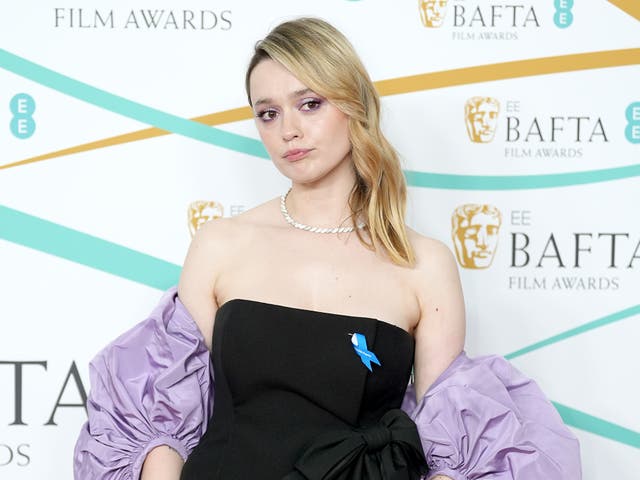 <p>Aimee Lou Wood attends the EE BAFTA Film Awards 2023 at The Royal Festival Hall on February 19, 2023</p>