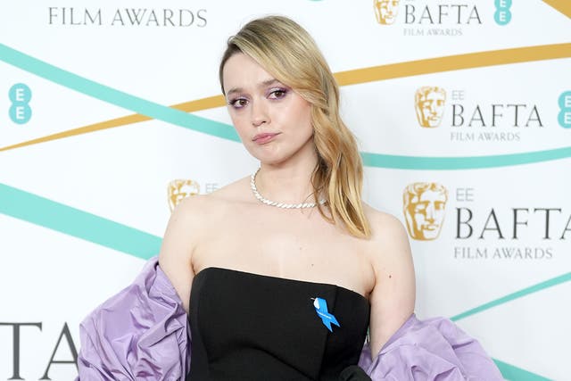 <p>Aimee Lou Wood attends the EE BAFTA Film Awards 2023 at The Royal Festival Hall on February 19, 2023</p>