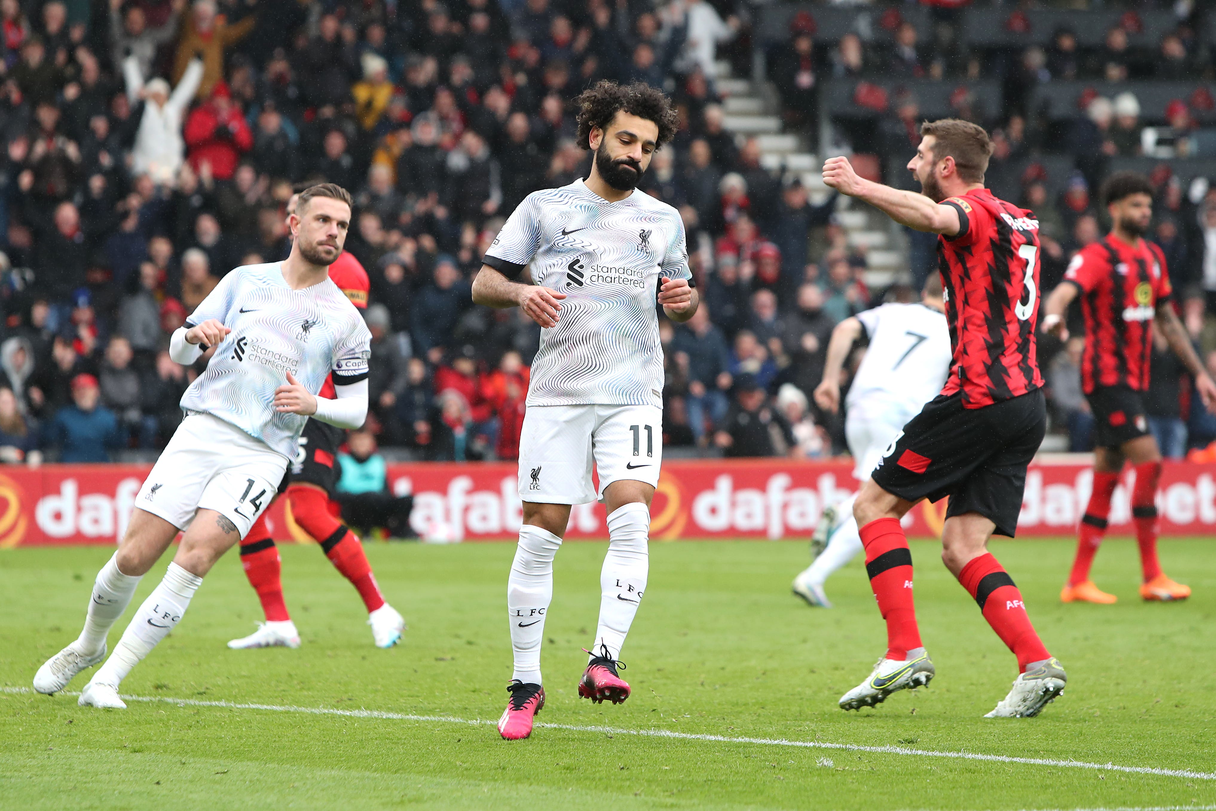 <p>A frustrated-looking Mohamed Salah after failing to score from the spot </p>