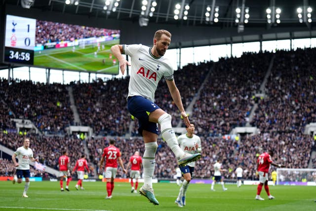 Tottenham’s Harry Kane celebrates in their 3-1 win over Nottingham Forest (John Walton/PA)