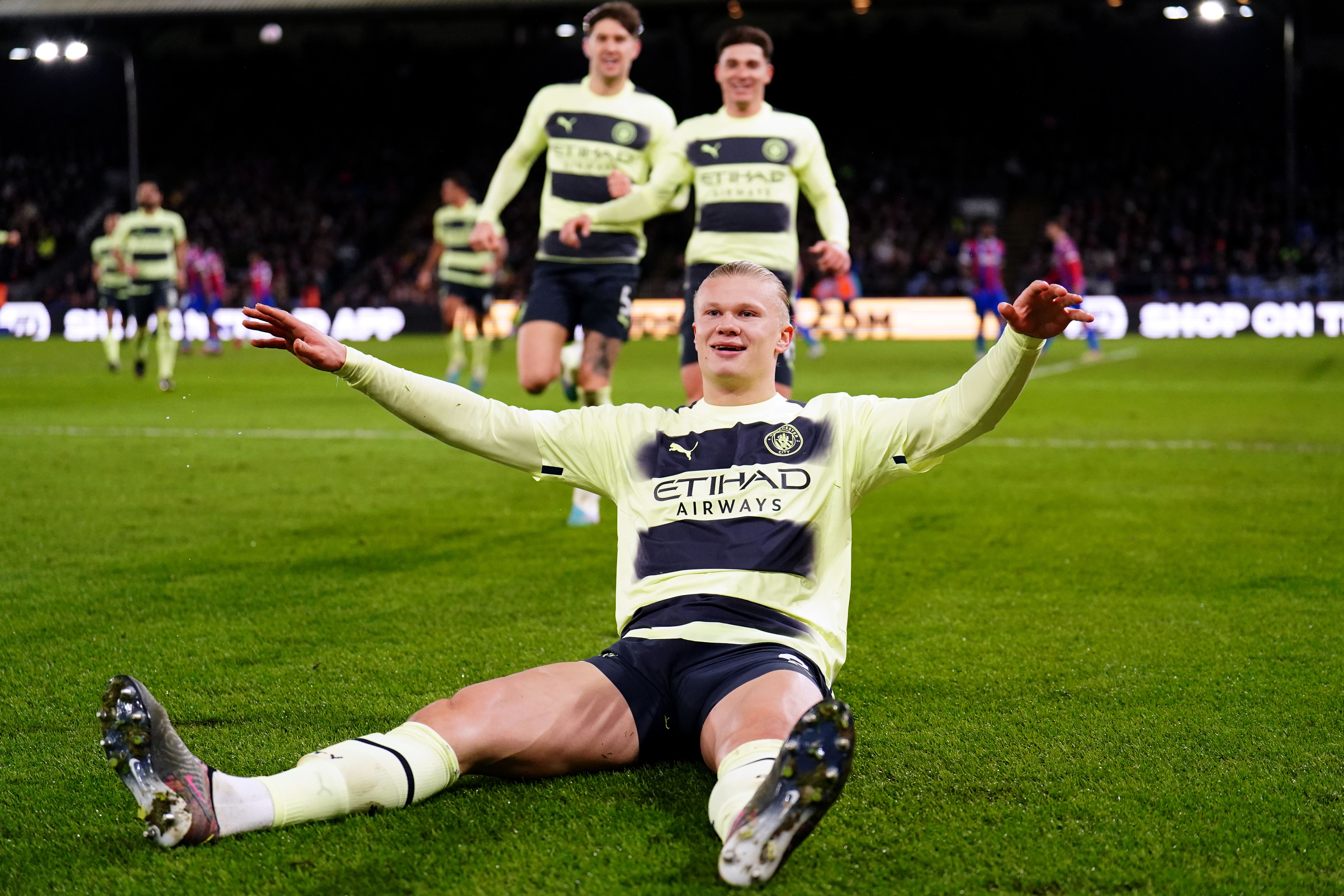 Erling Haaland celebrates after scoring Manchester City’s winner (Zac Goodwin/PA)