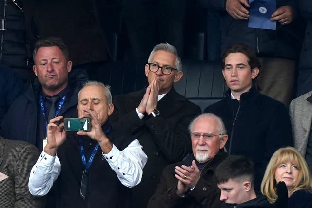 <p>Gary Lineker (centre) reacts in the stands during the Premier League match at the King Power Stadium, Leicester. (Mike Egerton/PA)</p>