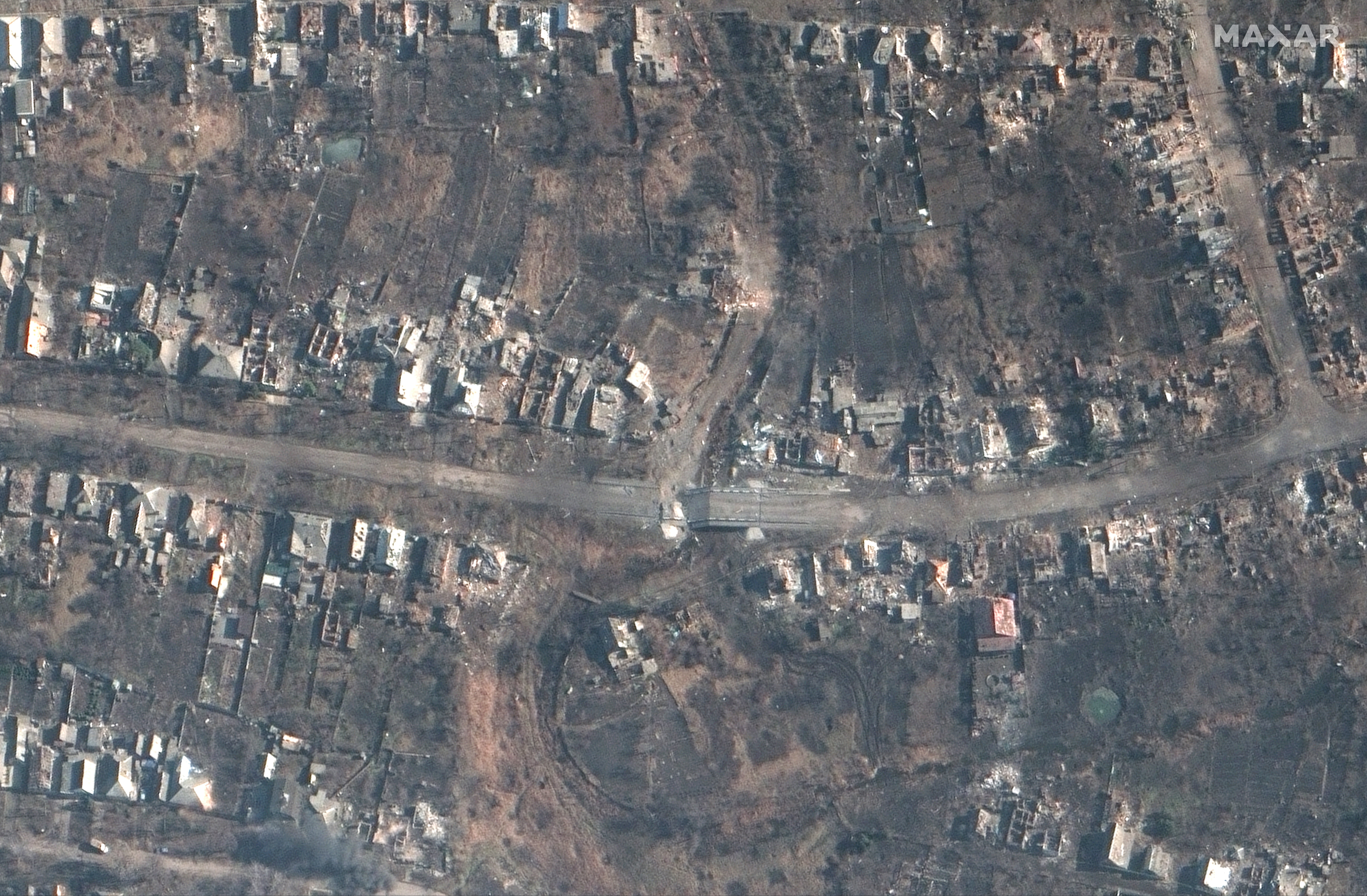 A roadway destroyed in southern Bakhmut