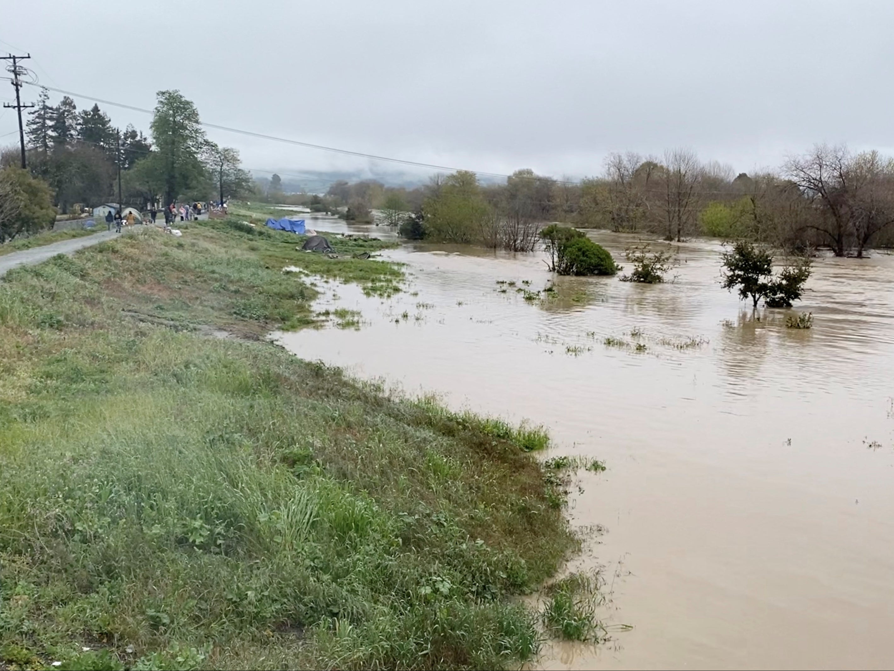 The overflowing Pajaro River in Pajaro, California