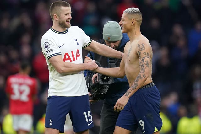 Eric Dier with Tottenham team-mate Richarlison after Saturday’s 3-1 win over Nottingham Forest (John Walton/PA)
