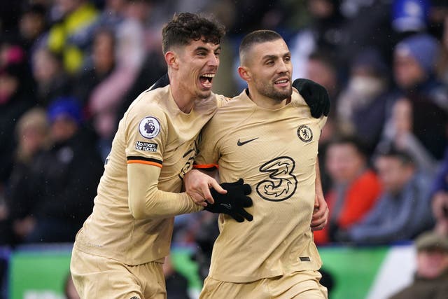 Chelsea’s Mateo Kovacic, right, grabbed their third at Leicester (Mike Egerton/PA)