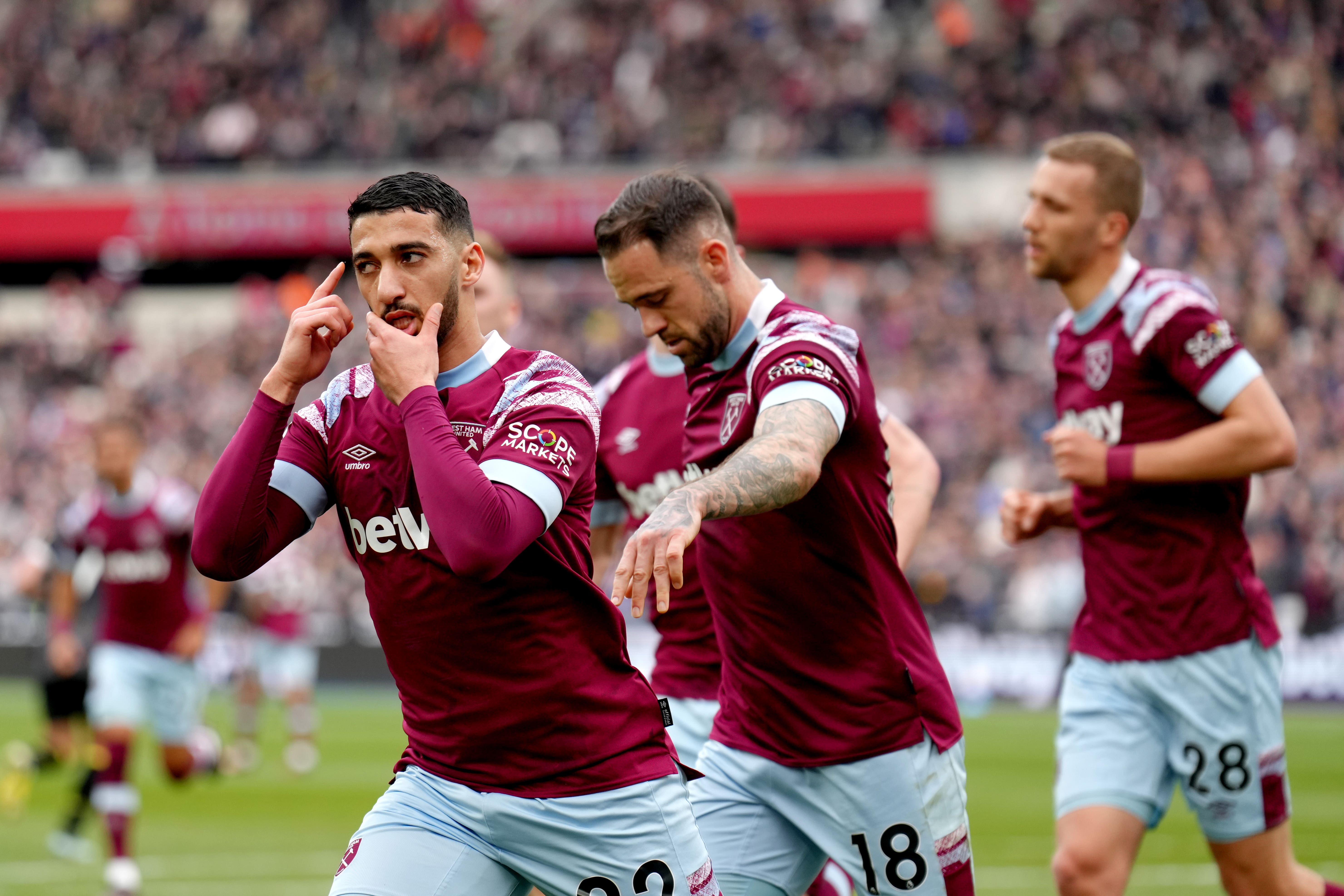 Said Benrahma (left) celebrates after scoring against Aston Villa (John Walton/PA)