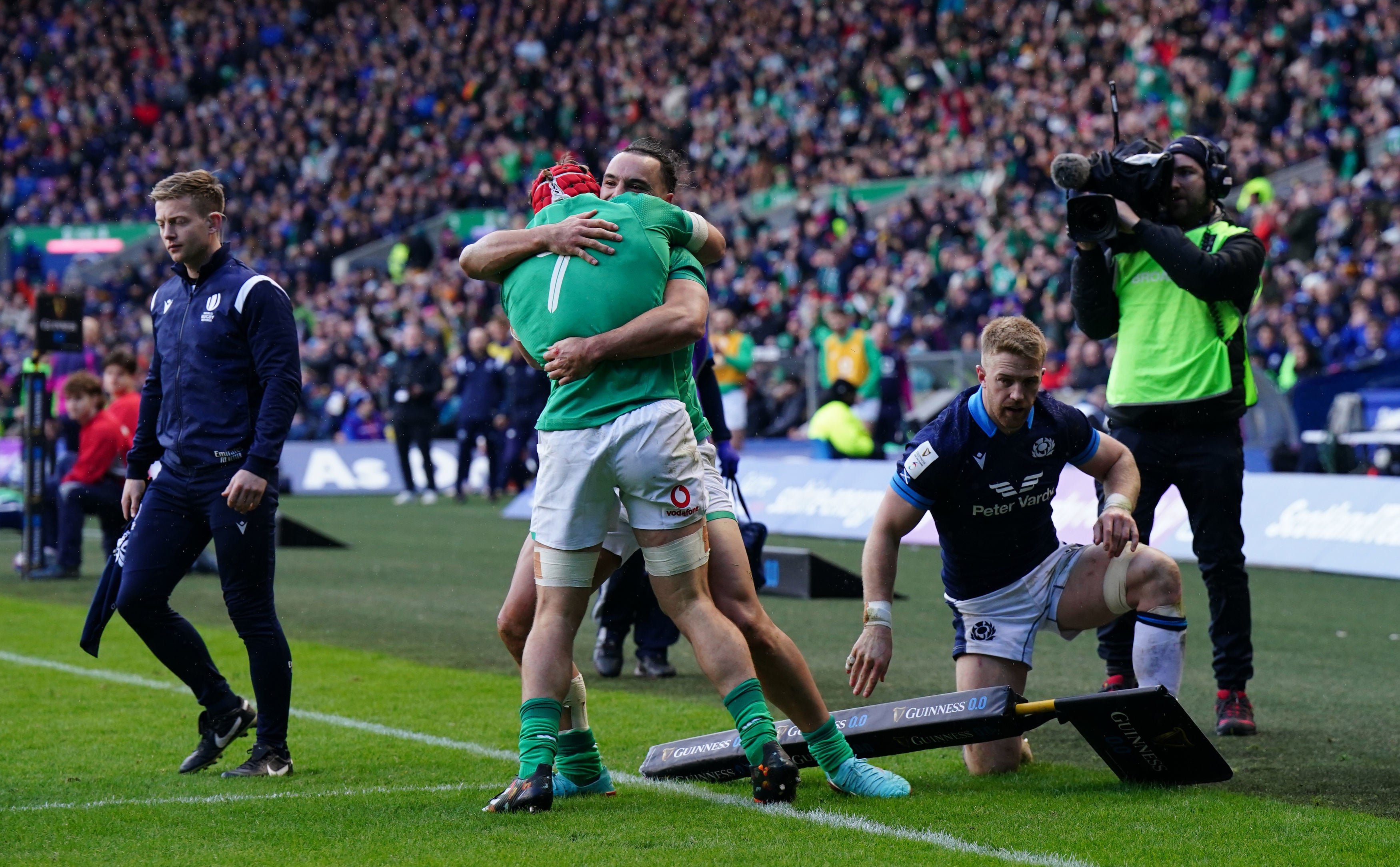 Ireland’s James Lowe celebrates scoring in the corner for their second try