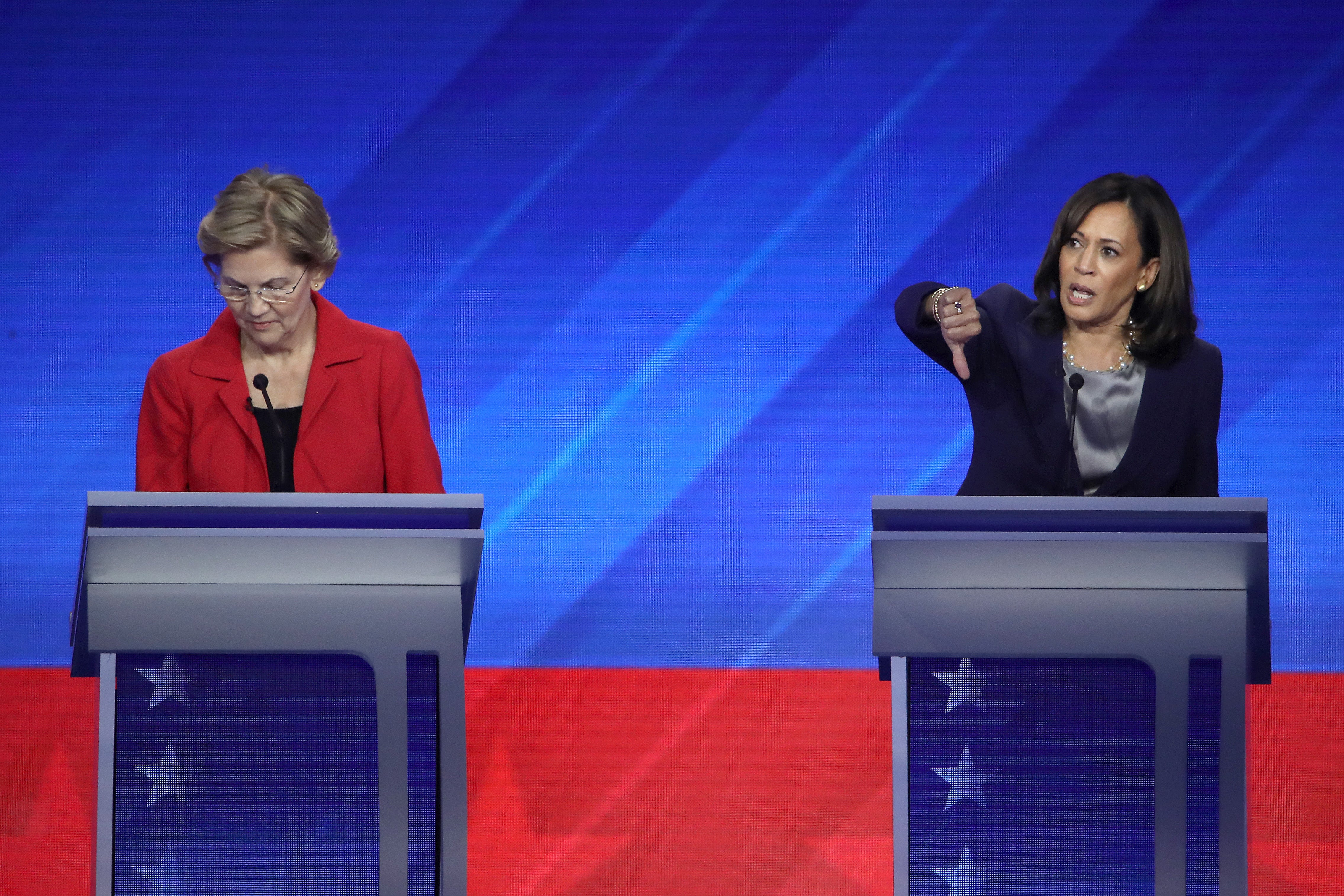 Thumbs down: Senator Elizabeth Warren, left, and Vice President Kamala Harris at a Democratic presidential debate at Texas Southern University in September 2019