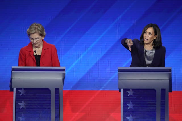 <p>Thumbs down: Senator Elizabeth Warren, left, and Vice President Kamala Harris at a Democratic presidential debate at Texas Southern University in September 2019 </p>