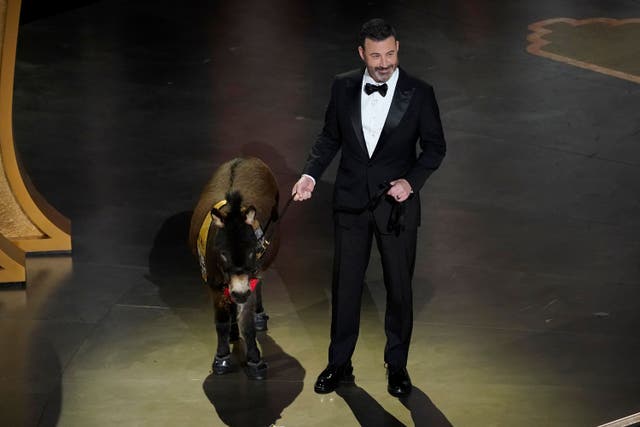 Jimmy Kimmel walks onstage with Jenny, the miniature emotional support donkey, at the Oscars on Sunday (Chris Pizzello/AP)