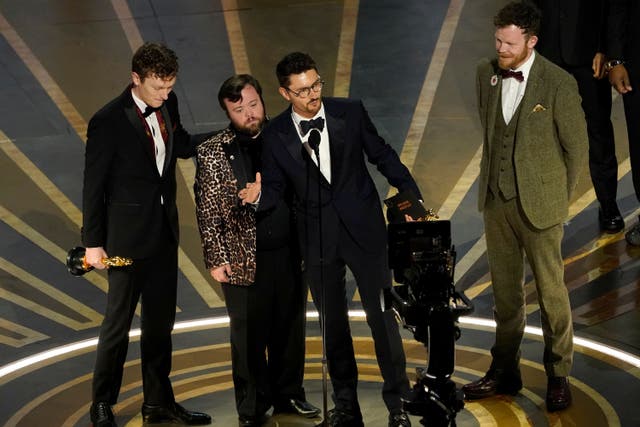 Ross White, from left, James Martin, Tom Berkeley and Seamus O’Hara accept the award for best live action short film for An Irish Goodbye at the Oscars on Sunday (Chris Pizzello/AP)