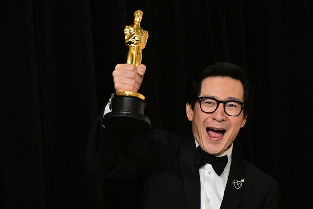 <p>US-Vietnamese actor Ke Huy Quan poses with the Oscar for Best Actor in a Supporting Role for “Everything Everywhere All at Once” in the press room during the 95th Annual Academy Awards at the Dolby Theatre in Hollywood, California on March 12, 2023. </p>