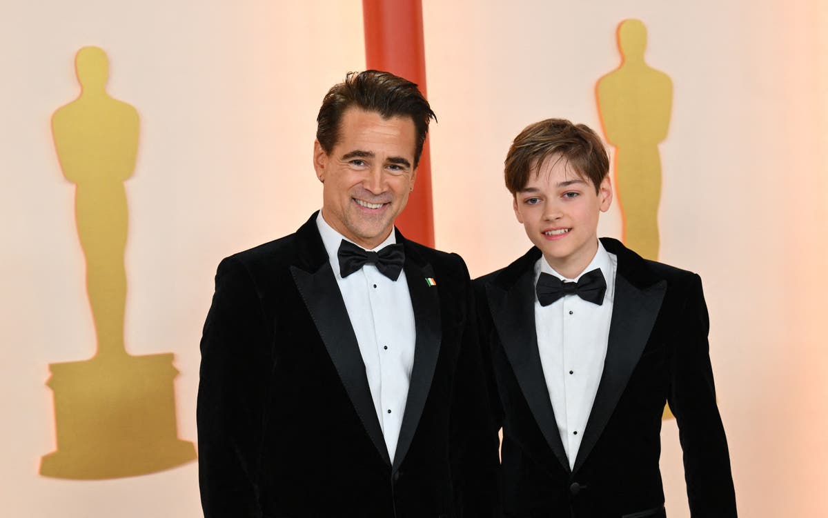 Colin Farrell and son Henry, 13, twin in matching tuxedos at Oscars