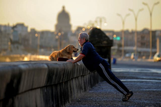 <p>A man exercises with his dog on the Malecon, Havana’s boardwalk, on April 19, 2018</p>