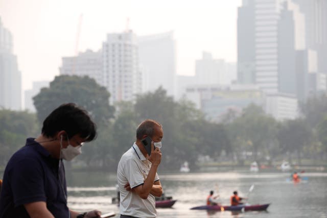 <p>People wear face masks as high-rise buildings are shrouded in smog and haze from heavy fine dust at Lumpini Park in Bangkok</p>