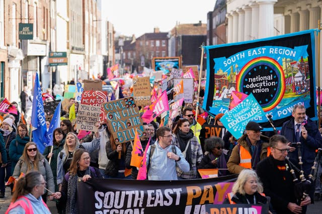 Striking members of the National Education Union (NEU) South East Region at a rally in Chichester, West Sussex, in a long-running dispute over pay (Andrew Matthews/PA)