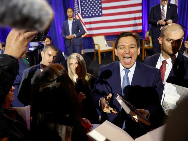 <p>lorida Governor Ron DeSantis greets attendees and signs books after his remarks as he makes his first trip to the early voting state of Iowa for a book tour stop at the Iowa State Fairgrounds in Des Moines, Iowa, U.S. March 10, 2023</p>