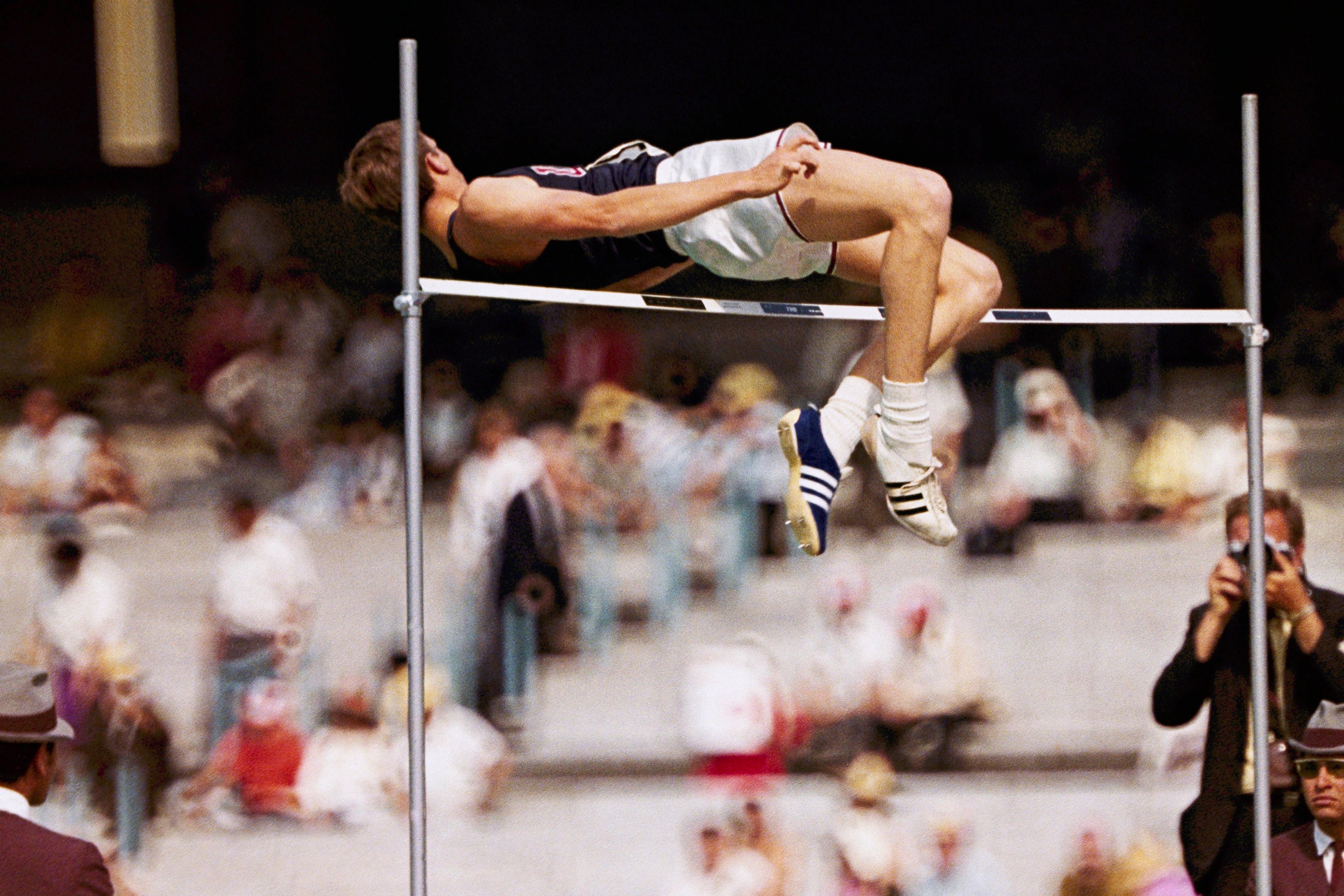 Dick Fosbury clears the bar on his way to winning Olympic gold in Mexico