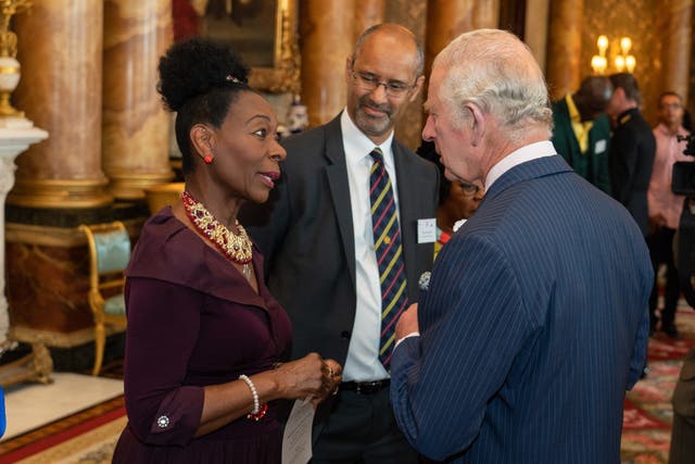 The Prince of Wales meets Baroness Floella Benjamin (Dominic Lipinski/PA)