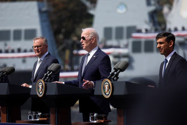 <p>Joe Biden and Rishi Sunak with Australian Prime Minister Anthony Albanese  at Naval Base Point Loma in San Diego, California on Monday </p>