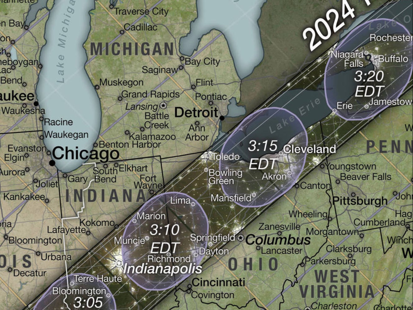 On track? Part of the path of the 8 April 2024 total solar eclipse in the US