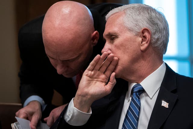 <p>File: Former US vice president Mike Pence and his chief of staff Mark Short confer during a meeting in Cabinet Room of the White House</p>