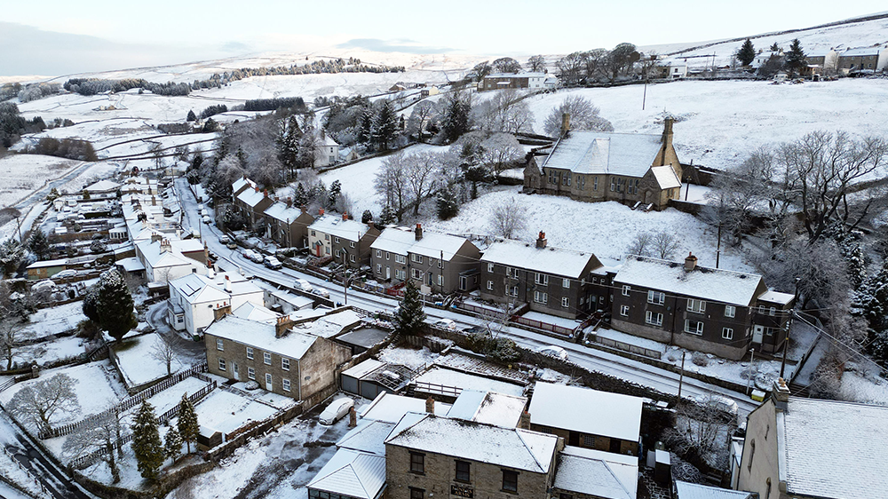 Snow surrounds Nenthead in the North Pennines in Cumbria