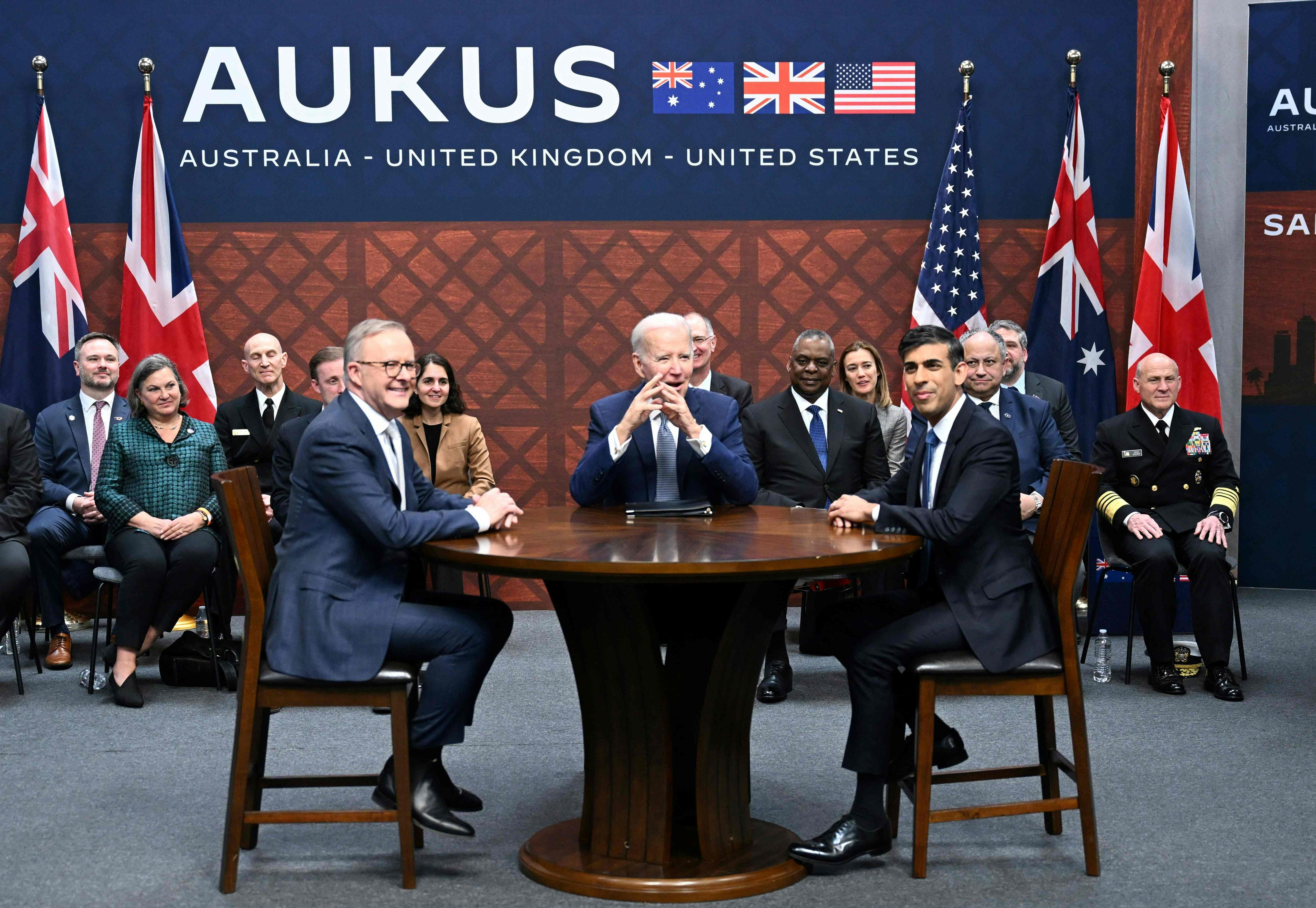From left, Anthony Albanese, Joe Biden and Rishi Sunak during the Aukus summit in San Diego on Monday